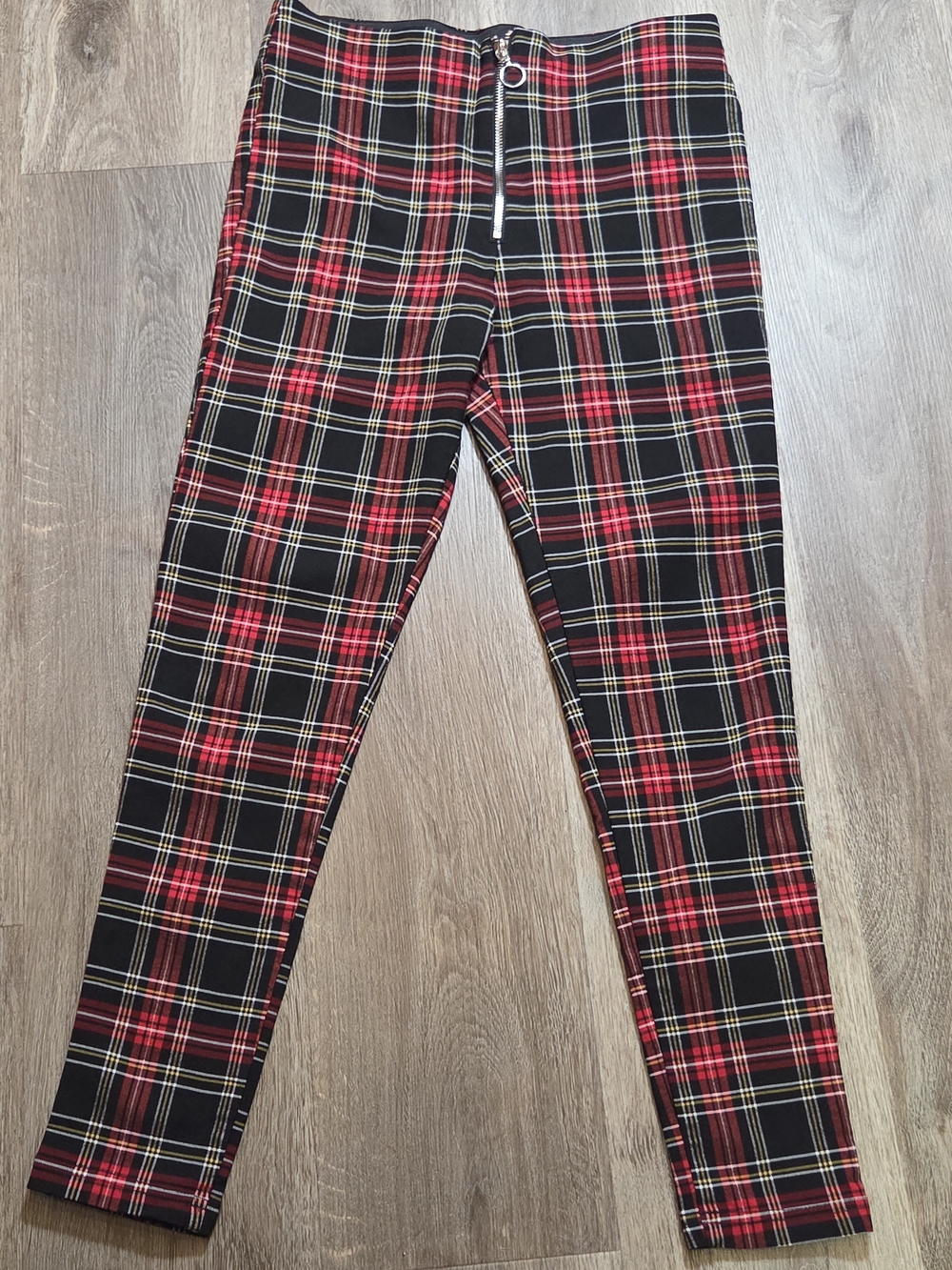ZARA Red Black Tartan Plaid High Waist Skinny Pants Size Large Punk Preppy